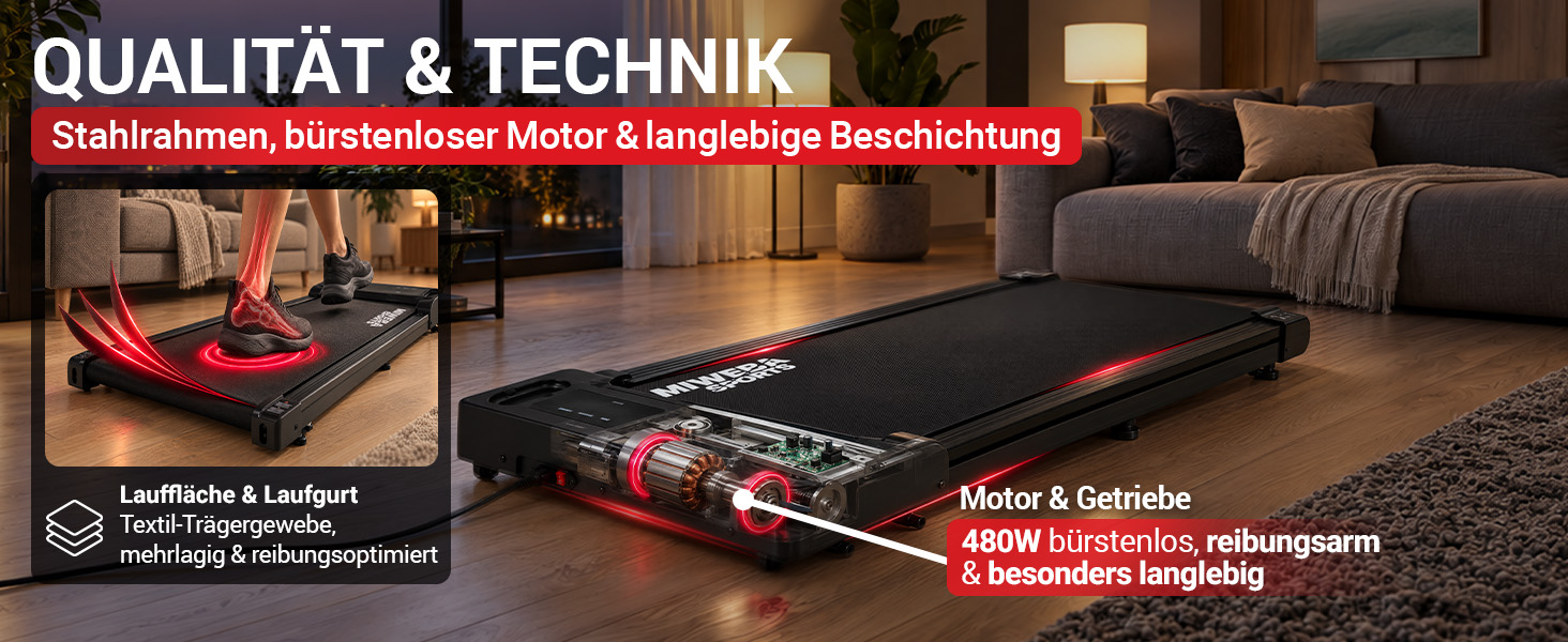 Miweba Sports Laufband – Qualität & Technik Miweba Sports Laufband mit stabilem Stahlrahmen, 480-Watt-Motor und langlebiger, mehrlagiger Lauffläche.
